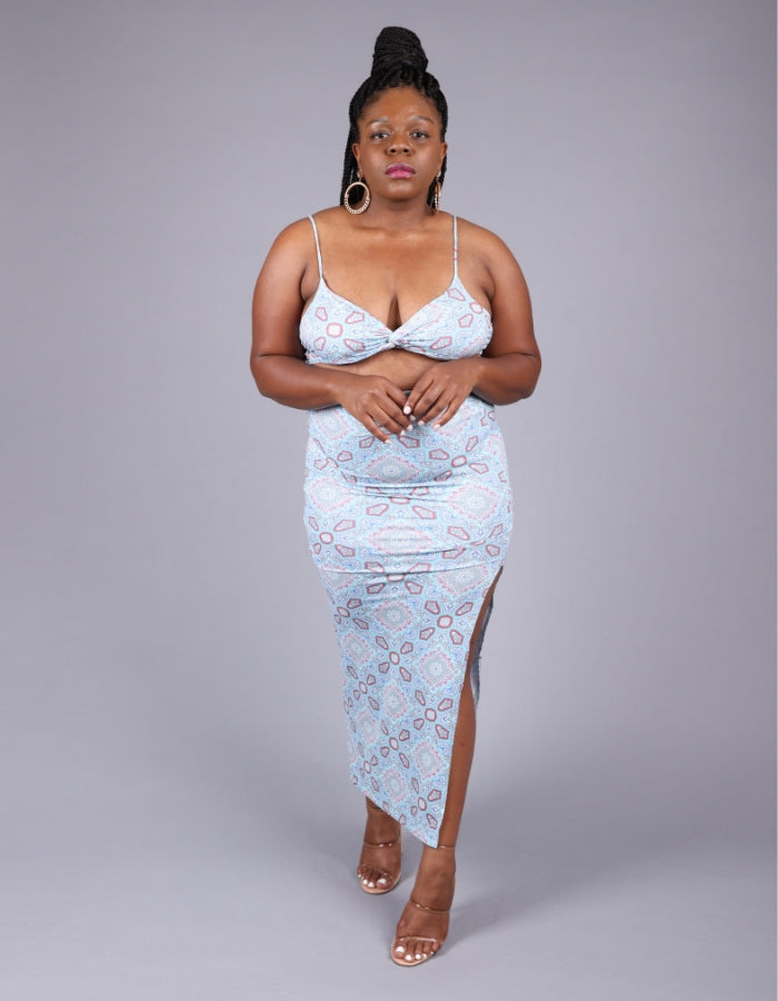 Light blue seashell design triangle bralette with one side high slit high waist maxi skirt