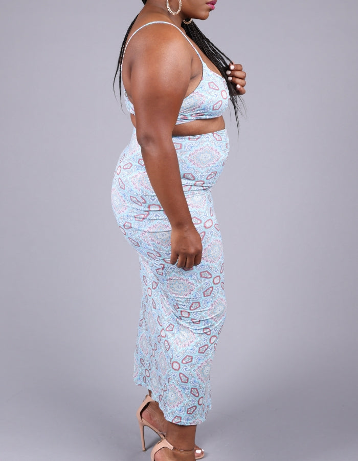 blue seashell pattern high waist maxi skirt with triangle bralette