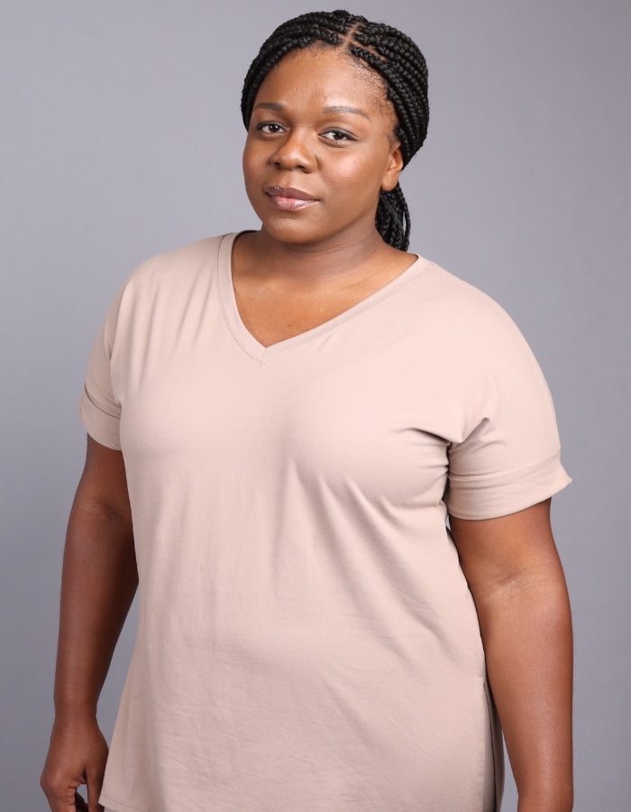 an ash mocha v neck short sleeve blouse