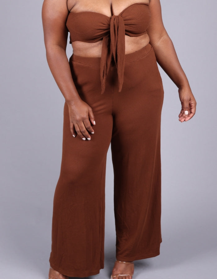 chocolate brown rib tie front bandeau top