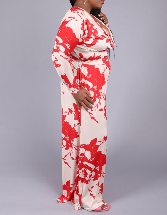a wide leg elastic waistband trousers with long sleeve cowl neck crop top