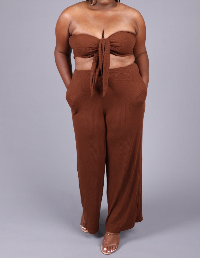 chocolate brown tie front bandeau top with ribbed high waist elastic waistband wide leg pants with pockets