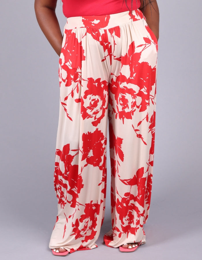 a red floral cream elastic waistband wide leg pants with pockets