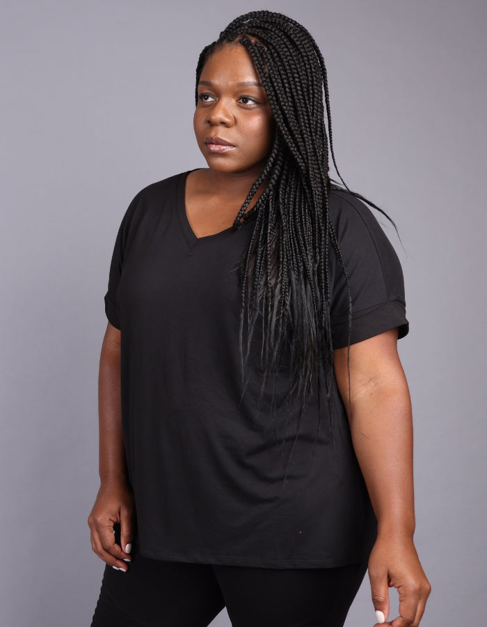 a hi-low short sleeve v neck black blouse