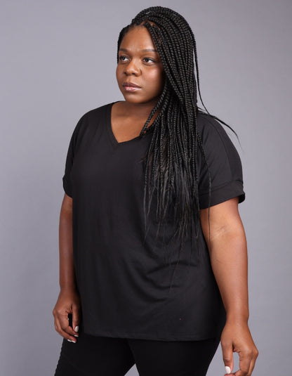 a hi-low short sleeve v neck black blouse