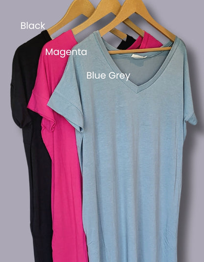 v-neck short sleeve maxi dresses in color black, blue, and magenta