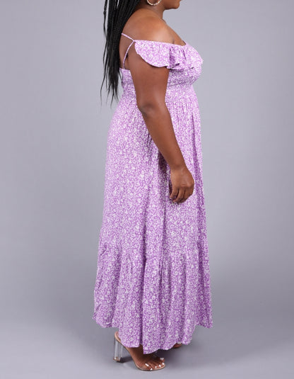 tie back ruffle sleeves lilac maxi dress