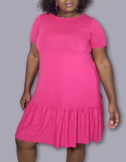 a pink ruffle hem swing dress with pockets