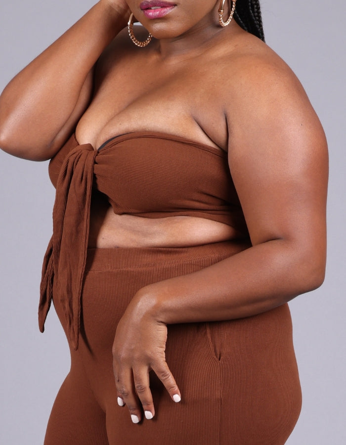 chocolate brown tie front rib bandeau top