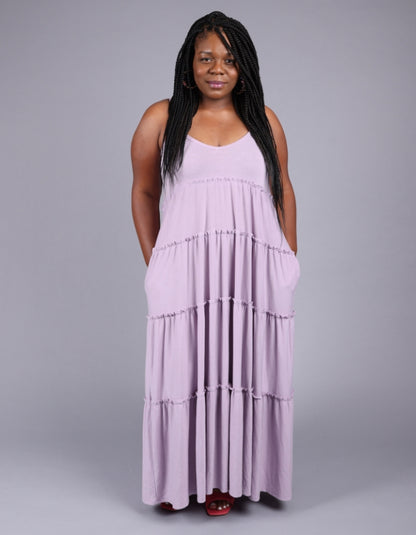 lilac tiered strappy maxi dress with pockets 